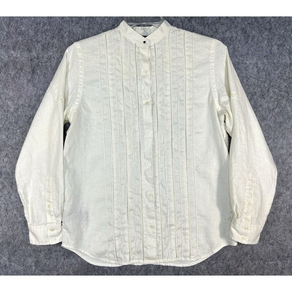 VTG Ralph Lauren Womens Linen Button Up Shirt Pleated Mock Neck Long Sleeve Sz M - Picture 1 of 11
